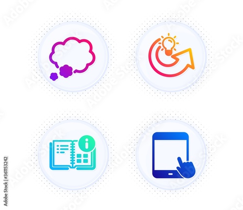 Talk bubble, Share idea and Instruction info icons simple set. Button with halftone dots. Tablet pc sign. Chat message, Solution, Project. Touchscreen gadget. Education set. Vector