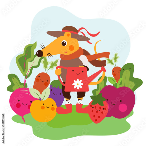 Fototapeta Naklejka Na Ścianę i Meble -  Cute mouse holding basket with vegetables and fruits. rat cartoon flat vector illustration.