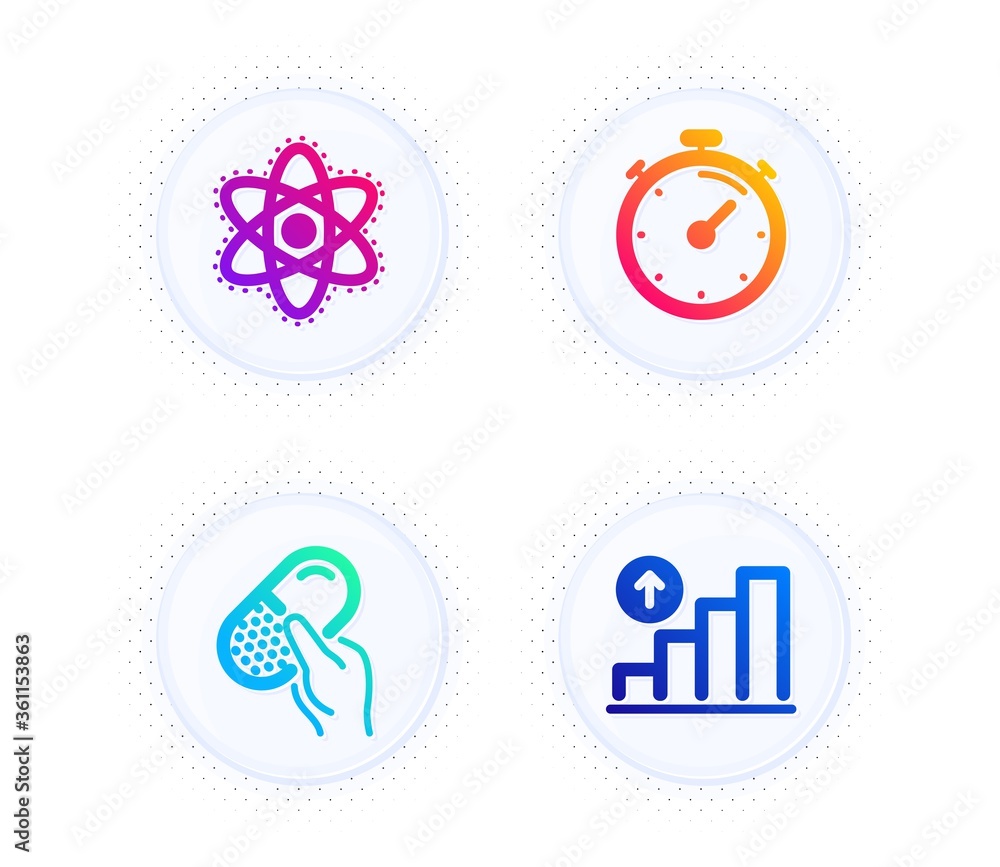 Capsule pill, Timer and Chemistry atom icons simple set. Button with halftone dots. Graph chart sign. Medicine drugs, Deadline management, Laboratory molecule. Growth report. Business set. Vector Capsule pill, Timer and Chemistry atom icons simple set. Button with halftone dots. Graph chart sign. Medicine drugs, Deadline management, Laboratory molecule. Growth report. Business set. Vector