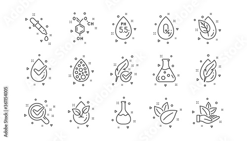 Dermatologically tested, Paraben chemical formula icons. No artificial colors, organic leaf line icons. Hypoallergenic tested, Neutral ph. Linear set. Geometric elements. Quality signs set. Vector