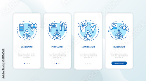 Body graph charts onboarding mobile app page screen with concepts. Individual human design type walkthrough 4 steps graphic instructions. UI vector template with RGB color illustrations