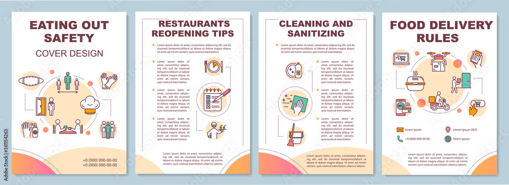 Eating out safety brochure template. Contactless food delivery. Flyer, booklet, leaflet print, cover design with linear icons. Vector layouts for magazines, annual reports, advertising posters - obrazy, fototapety, plakaty 