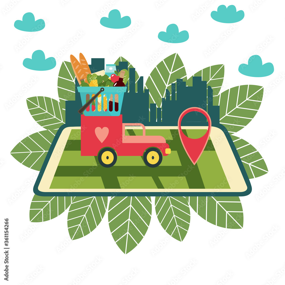 Order grocery online. Order with smartphone and pay with credit card. Basket with different groceries. shopping online concept. Vector illustration in flat style. Order grocery online. Order with smartphone and pay with credit card. Basket with different groceries. shopping online concept. Vector illustration in flat style.