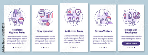 Workplace safety guidelines onboarding mobile app page screen with concepts. Prevention covid in office walkthrough 5 steps graphic instructions. UI vector template with RGB color illustrations