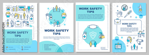 Work safety tips brochure template. Covid protection in workplace. Flyer, booklet, leaflet print, cover design with linear icons. Vector layouts for magazines, annual reports, advertising posters