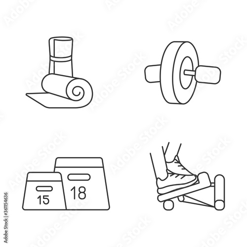 Fitness equipment linear icons set. Exercise mat, ab roller, plyometric box and stepper customizable thin line contour symbols. Sport gear. Isolated vector outline illustrations. Editable stroke