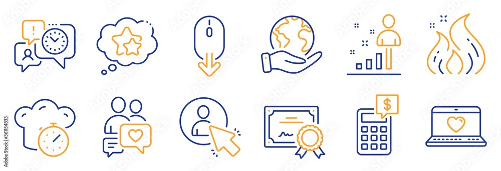 Set of Technology icons, such as Ranking stars, Time management. Certificate, save planet. Calculator, User, Stats. Web love, Cooking timer, Dating chat. Scroll down, Fire energy line icons. Vector Set of Technology icons, such as Ranking stars, Time management. Certificate, save planet. Calculator, User, Stats. Web love, Cooking timer, Dating chat. Scroll down, Fire energy line icons. Vector