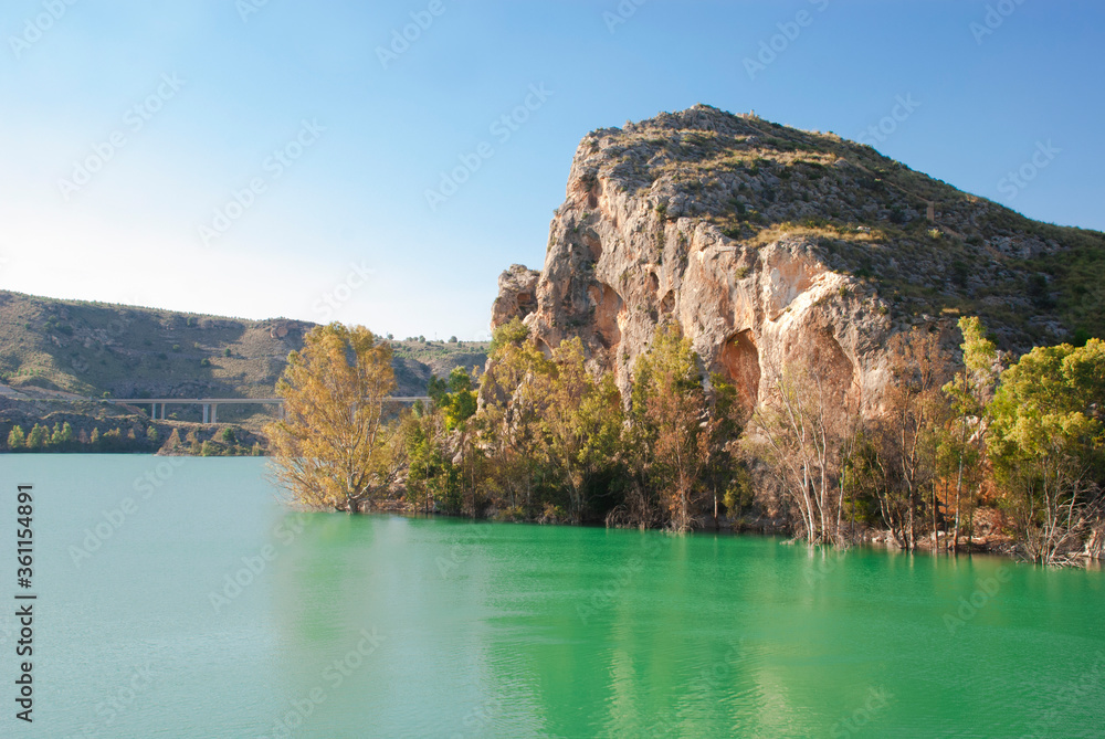Beautiful lake with rock in Spain. Amazing journey.