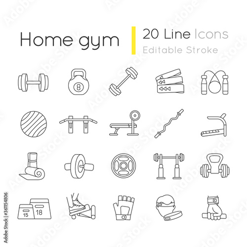 Home gym equipment linear icons set. Strength training customizable thin line contour symbols. Professional gears for sport and indoor exercises. Isolated vector outline illustrations. Editable stroke