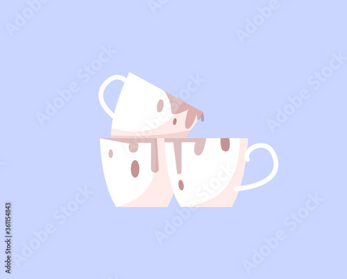 Unwashed cups semi flat RGB color vector illustration. Stack of dirty cups with coffee stains isolated cartoon objects on blue background. Caffeine addiction, laziness and bad hygiene