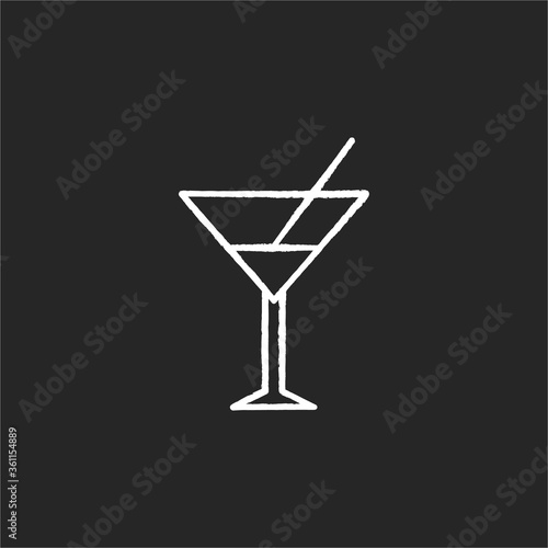 Vermouth chalk white icon on black background. Alcoholic drink in glass. Party at bar. Restaurant food. Liquor meny. Pub wine for relaxation. Soft drink in cup. Isolated vector chalkboard illustration