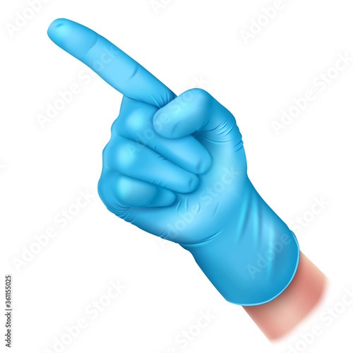 Hand in a blue rubber glove. Hand gesture index finger to the top - Attention. Realistic 3d illustration. Isolated on a white background. Vector illustration.