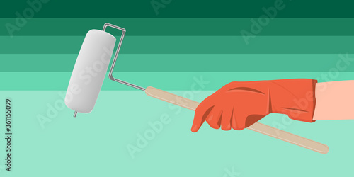 Paint roller in a hand in a rubber glove - vector. Banner. DIY home repair.