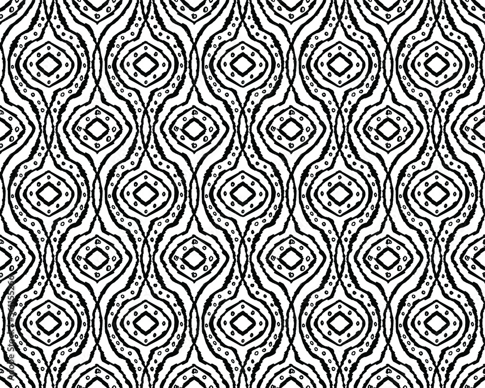 Seamless ikat pattern with waves for fabric, textile, wallpaper, book cover, wrapping paper, black and white seamless  textured background 