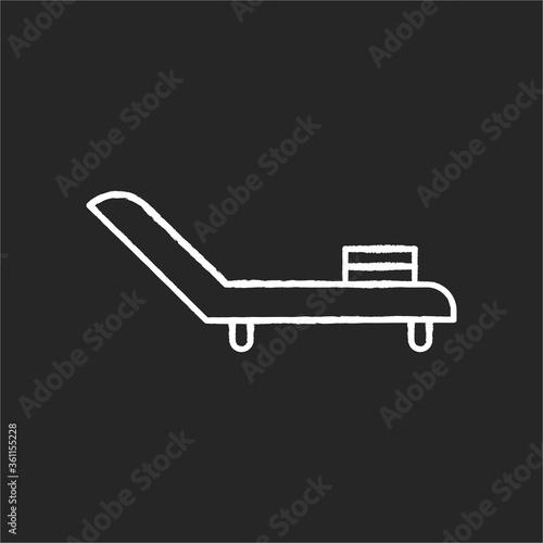 Deck chair chalk white icon on black background. Chaise lounge for relaxation on rooftop. Armchair for sunbathing. Reclining chair for tanning and relaxing. Isolated vector chalkboard illustration