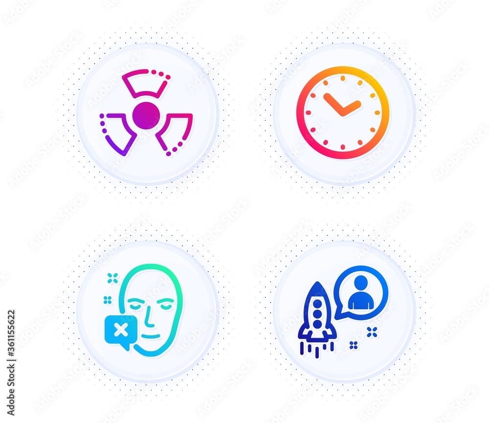 Face declined, Time and Chemical hazard icons simple set. Button with halftone dots. Startup sign. Identification error, Clock, Toxic. Developer. Science set. Gradient flat face declined icon. Vector Face declined, Time and Chemical hazard icons simple set. Button with halftone dots. Startup sign. Identification error, Clock, Toxic. Developer. Science set. Gradient flat face declined icon. Vector