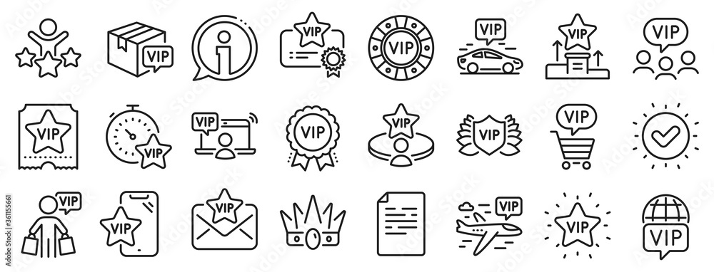 Casino chips, very important person, delivery parcel. Vip line icons. Certificate, player table, vip buyer icons. Crown, casino ticket, business class flight. Membership privilege. Vector