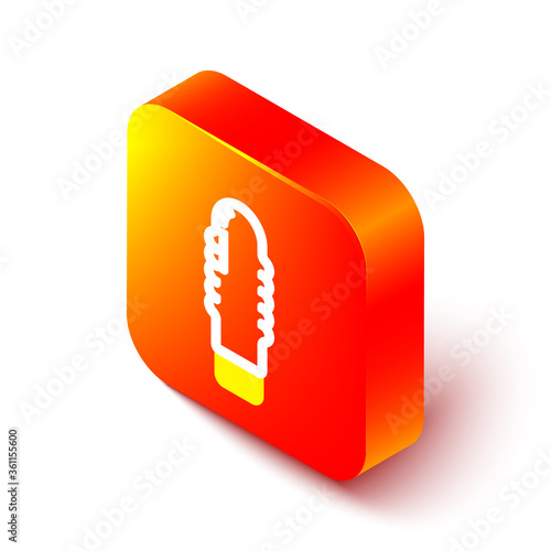 Isometric line Dildo vibrator for sex games icon isolated on white background. Sex toy for adult. Vaginal exercise machines for intimate. Orange square button. Vector Illustration.
