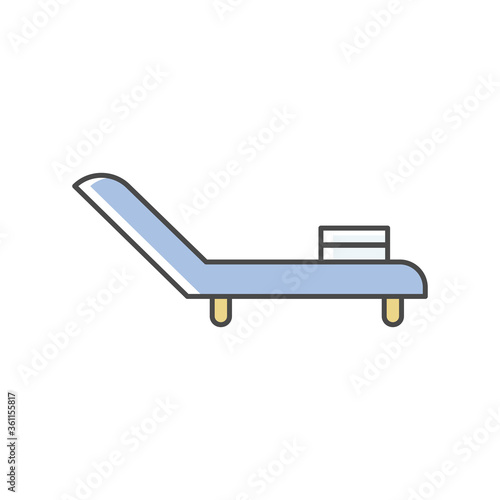 Deck chair RGB color icon. Chaise lounge for relaxation on rooftop. Armchair for sunbathing on apartment roof. Reclining chair for tanning and relaxing. Isolated vector illustration