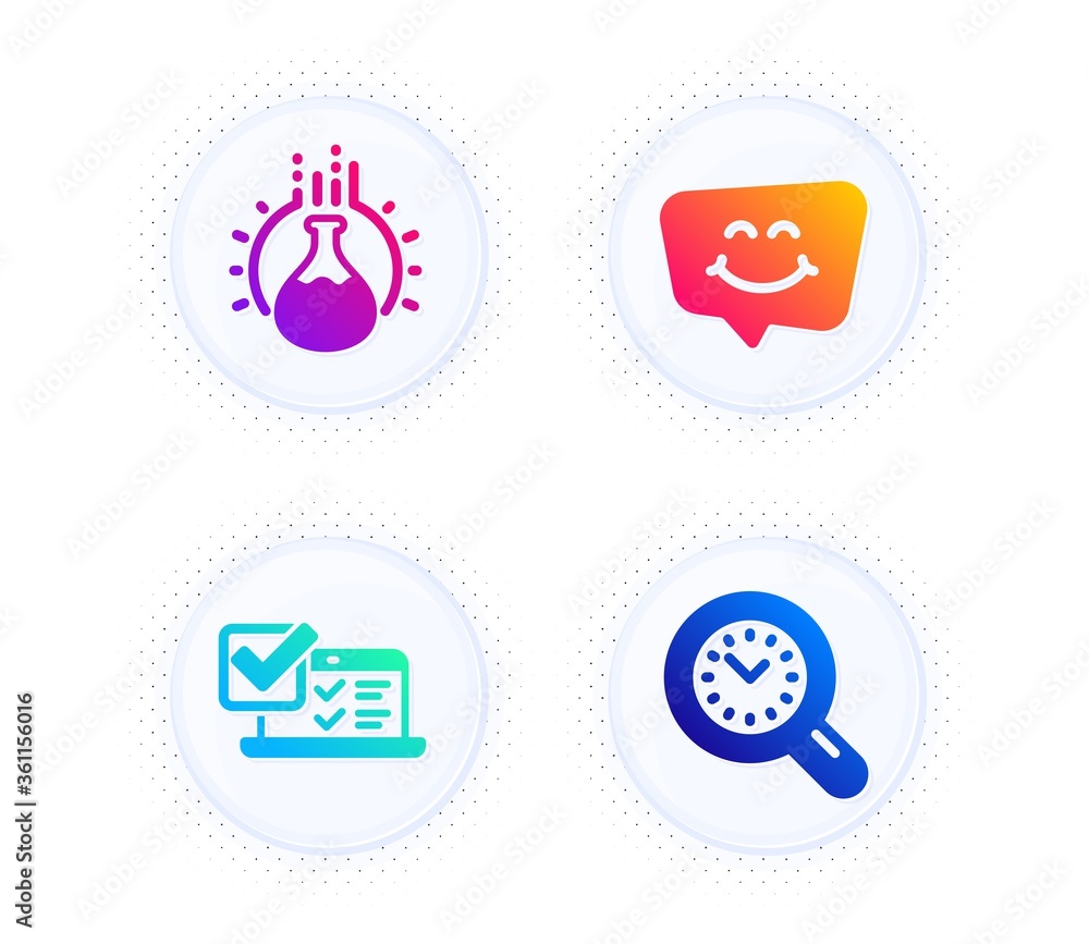 Smile chat, Online survey and Chemistry experiment icons simple set. Button with halftone dots. Time management sign. Happy face, Quiz test, Laboratory flask. Time analysis. Business set. Vector