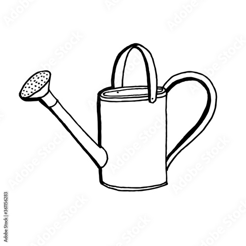 Drawn high watering can . Cute black and white vector doodle image. Idea for logo, badge, print. Isolated on a white background.