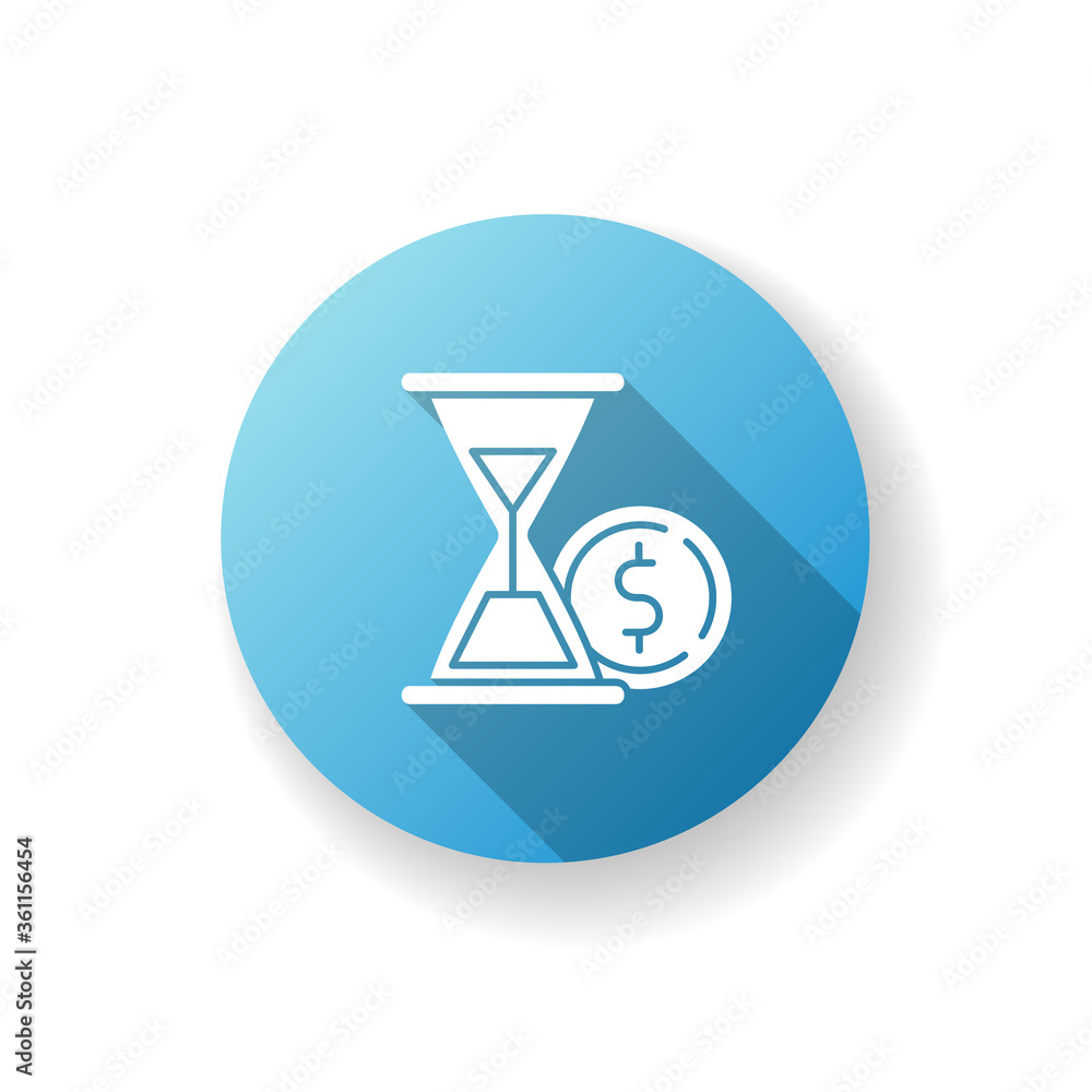Countdown to payment blue flat design long shadow glyph icon. Hourglass watch with gold coin. Economic procedure. Financial and banking service. Credit debt. Silhouette RGB color illustration Countdown to payment blue flat design long shadow glyph icon. Hourglass watch with gold coin. Economic procedure. Financial and banking service. Credit debt. Silhouette RGB color illustration