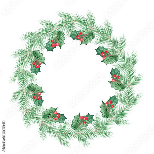 watercolor christmas wreath on white background, xmas spruce holly round wreath