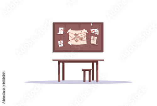 Evidence board semi flat RGB color vector illustration. Wooden board with clues, notes isolated cartoon object on white background. Detective investigation, crime solving. Escape room challenge