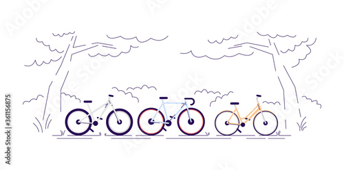 Bicycle ride in forest semi flat RGB color vector illustration. Sportive recreational activity, bike ride on fresh air. Pedal transportation isolated cartoon objects on white background