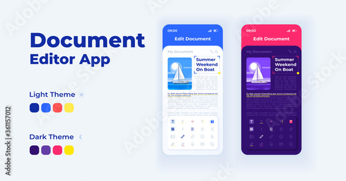 Document editor smartphone interface vector templates set. Mobile app page black and light theme design layout. Flat UI for notes viewing and editing application screen. Phone display