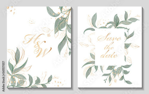 Wedding invitation with leaves  watercolor  isolated on white. Vector Watercolor.