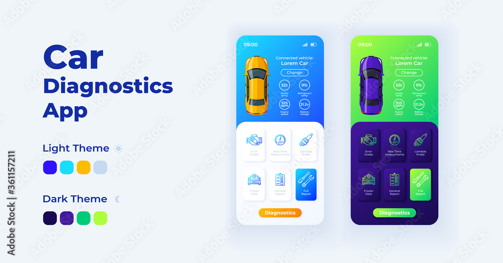 Car diagnostics app cartoon smartphone interface vector templates set. Mobile app screen page day mode design. Smart vehicle assessment info UI for application. Phone display with flat illustrations Car diagnostics app cartoon smartphone interface vector templates set. Mobile app screen page day mode design. Smart vehicle assessment info UI for application. Phone display with flat illustrations