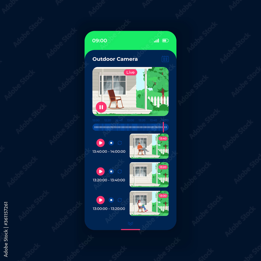 Outdoor surveillance smartphone interface vector template. CCTV monitoring. Mobile app page black theme design layout. Flat UI for application. Private home security system screen. Phone display Outdoor surveillance smartphone interface vector template. CCTV monitoring. Mobile app page black theme design layout. Flat UI for application. Private home security system screen. Phone display