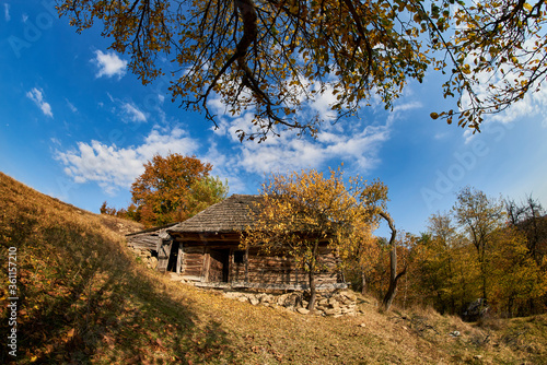 Traditional wooden house, isolated on top of a hill, surrounded by an orchard with trees. Autumn colors and a sky with beautiful clouds. The location is in Maramures county, Romania.