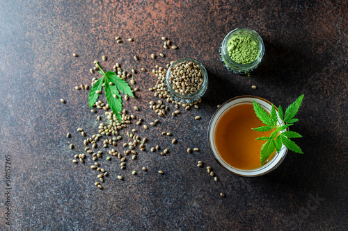 Top view Hemp Tea. Cannabis herbal tea.