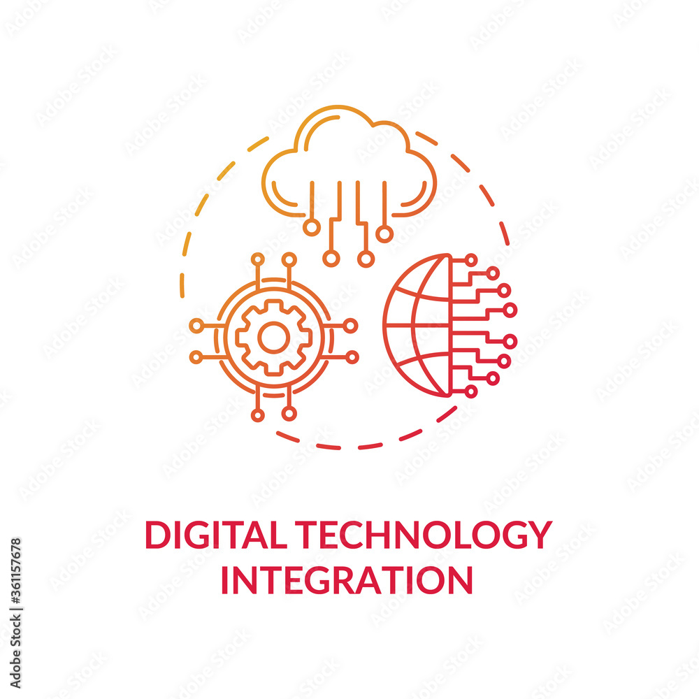 Digital technology integration red gradient concept icon. Remote database. Digital transformation for education. Electronics idea thin line illustration. Vector isolated outline RGB color drawing Digital technology integration red gradient concept icon. Remote database. Digital transformation for education. Electronics idea thin line illustration. Vector isolated outline RGB color drawing