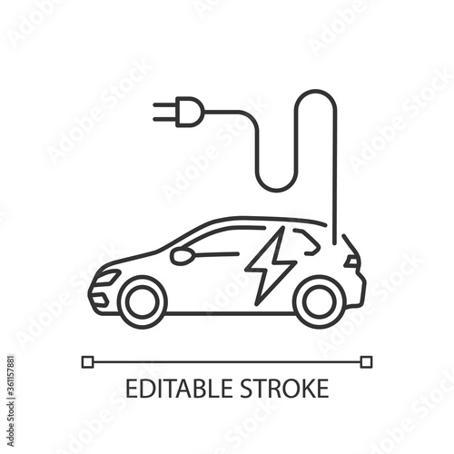 Electric vehicle linear icon. Environmentally clean automobile thin line customizable illustration. Contour symbol. Electric car with charging plug vector isolated outline drawing. Editable stroke