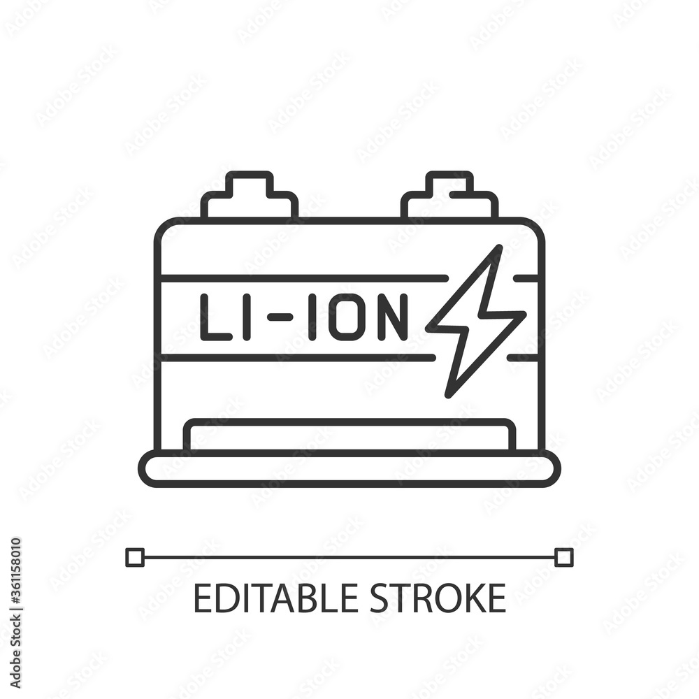 Lithium ion battery linear icon. Modern electric equipment thin line customizable illustration. Contour symbol. Energy efficient accumulator vector isolated outline drawing. Editable stroke Lithium ion battery linear icon. Modern electric equipment thin line customizable illustration. Contour symbol. Energy efficient accumulator vector isolated outline drawing. Editable stroke