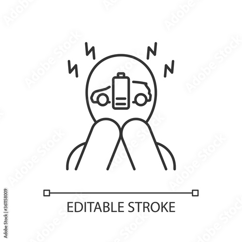 Range anxiety linear icon. Electric vehicle owner stress, psychological problem thin line customizable illustration. Contour symbol. Worried driver vector isolated outline drawing. Editable stroke