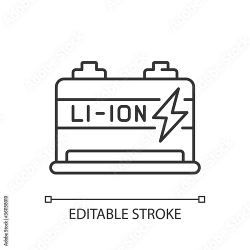 Lithium ion battery linear icon. Modern electric equipment thin line customizable illustration. Contour symbol. Energy efficient accumulator vector isolated outline drawing. Editable stroke