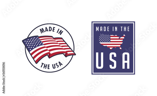 Made in the USA badge collection. American proud badge. United States of America flag color symbol.