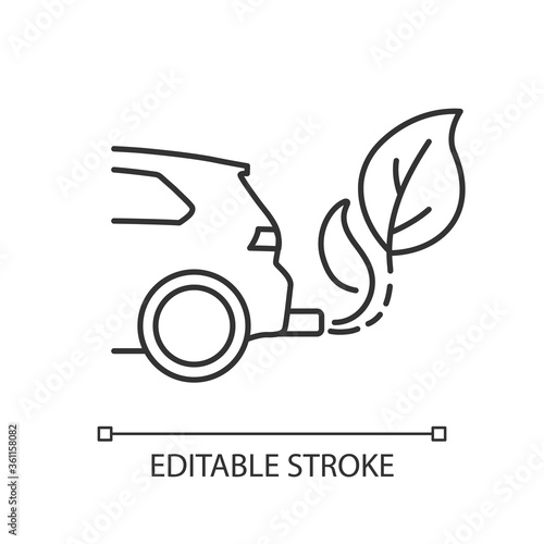 Zero tailpipe emissions linear icon. Eco friendly vehicle using biofuel thin line customizable illustration. Contour symbol. Electric vehicle vector isolated outline drawing. Editable stroke