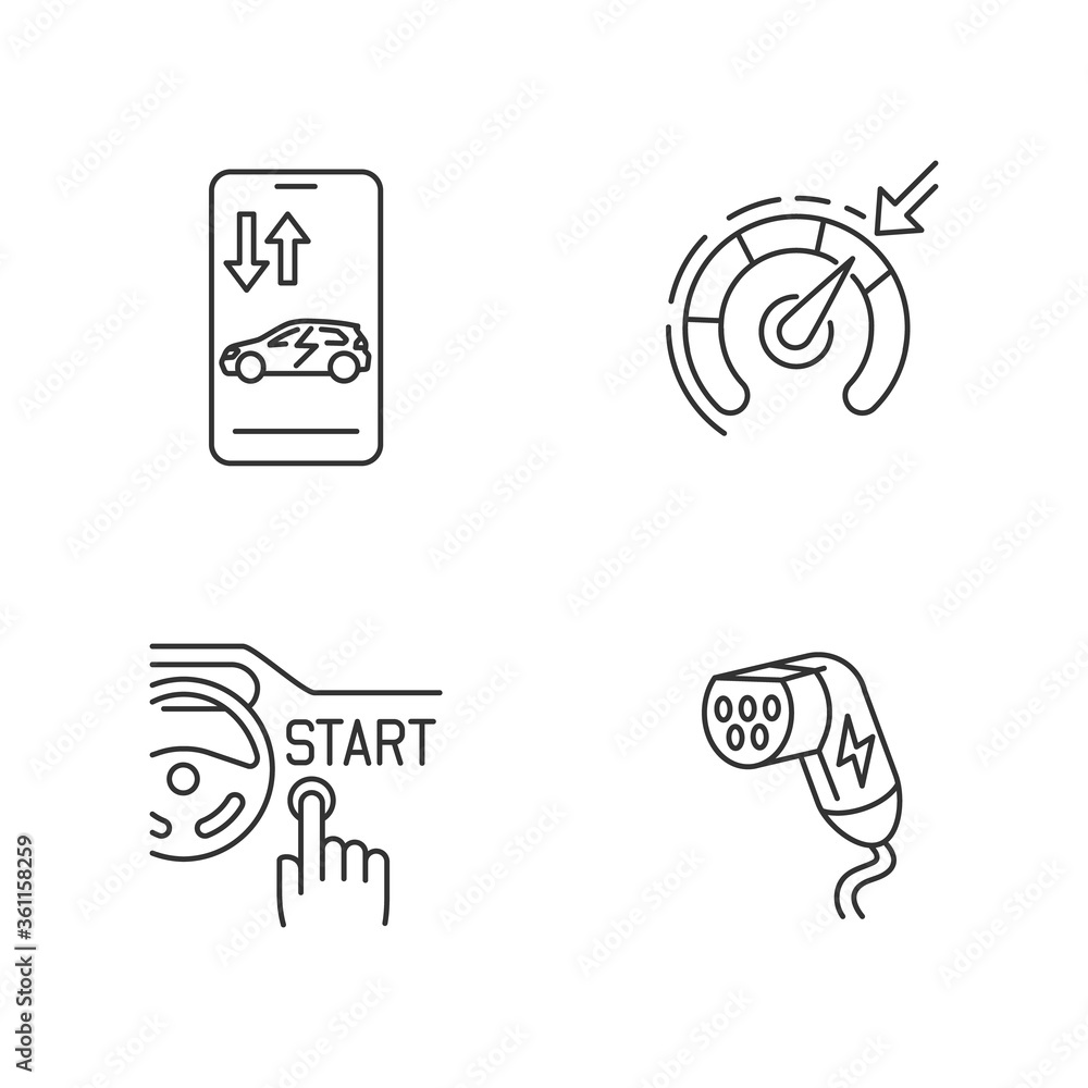 Smart car technologies linear icons set. Charging plug, remote access, cruise control, keyless ignition customizable thin line contour symbols. Isolated vector outline illustrations. Editable stroke Smart car technologies linear icons set. Charging plug, remote access, cruise control, keyless ignition customizable thin line contour symbols. Isolated vector outline illustrations. Editable stroke