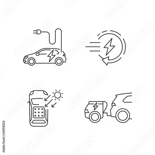 Alternative energy transport linear icons set. EV fast charge technology, range extender and solar car customizable thin line contour symbols. Isolated vector outline illustrations. Editable stroke