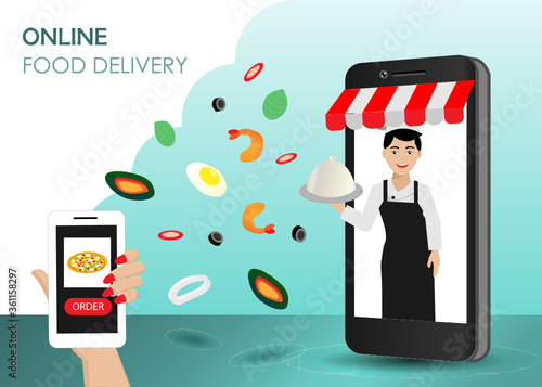 Online food delivery concept .Woman hand order foods via mobile application. Chef man holding foods tray on smartphone screen with spreading of seafood ingredients. Vector Illustration.