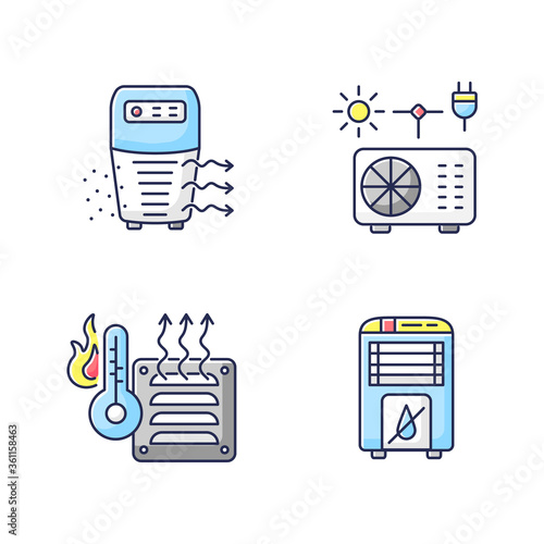 Air heating RGB color icons set. Air purifier, hybrid conditioner, heater and dehumidifier. Various domestic ventilation appliances. Isolated vector illustrations