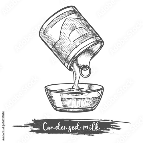 Dairy product sketch condensed milk pouring, bowl