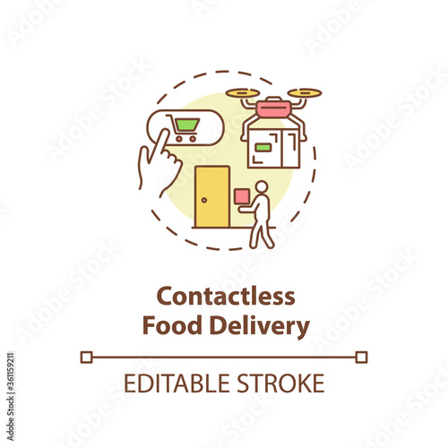 Contactless food delivery concept icon. Cafe and restaurants safety guidelines idea thin line illustration. Avoiding face to face contact. Vector isolated outline RGB color drawing. Editable stroke