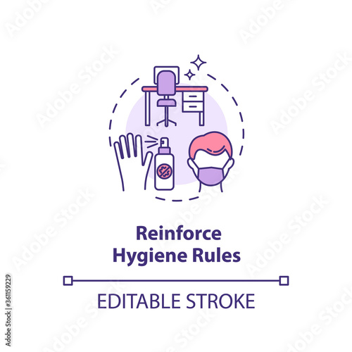 Reinforce hygiene rules concept icon. Workplace safety guidelines idea thin line illustration. Protect yourself from coronavirus in office. Vector isolated outline RGB color drawing. Editable stroke