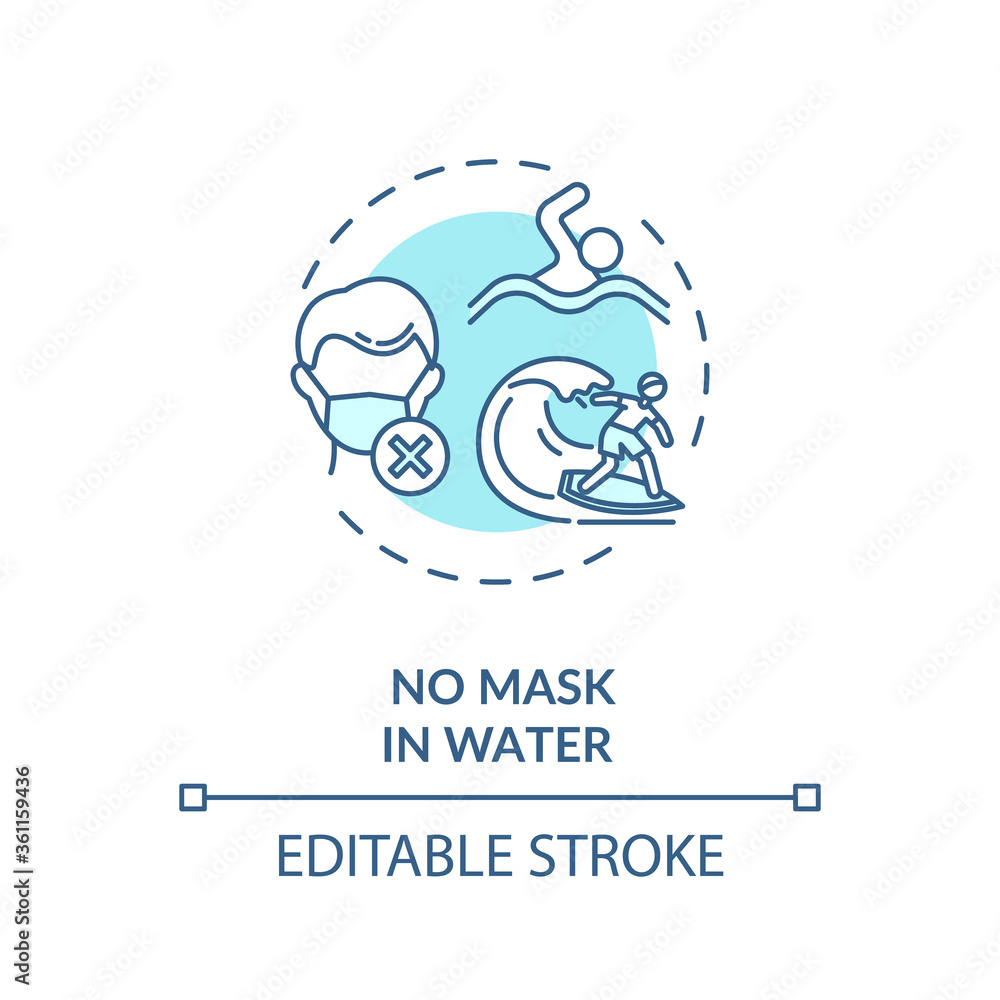 Prohibition of wearing mask in water concept icon. Beach safety idea thin line illustration.Man in mask, swimmer, surfer on surfboard. Vector isolated outline RGB color drawing. Editable stroke